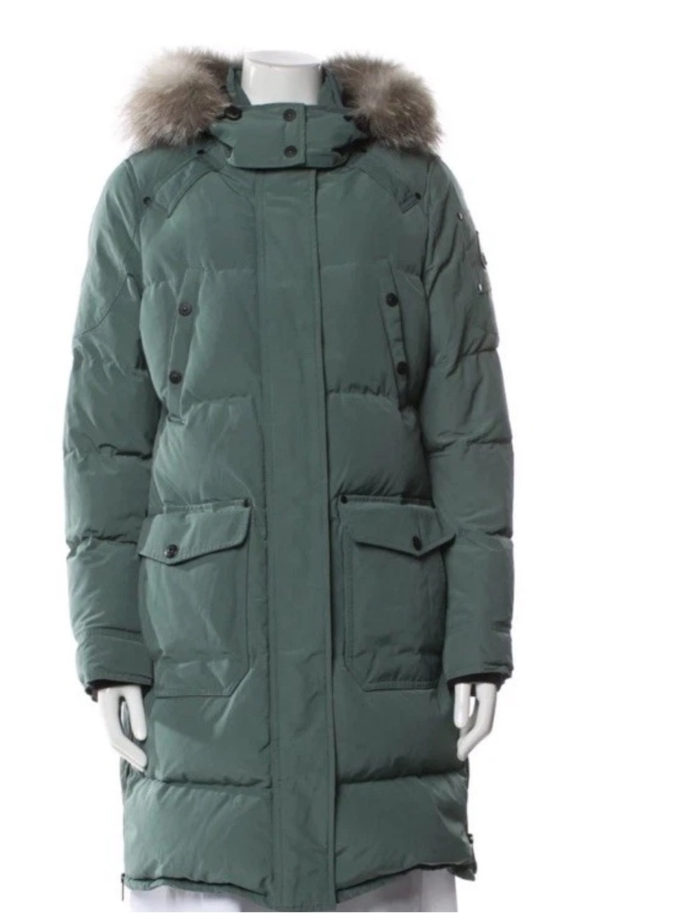 Moose Knuckles Long Green Puffer Parka with Fur-Trim Hood